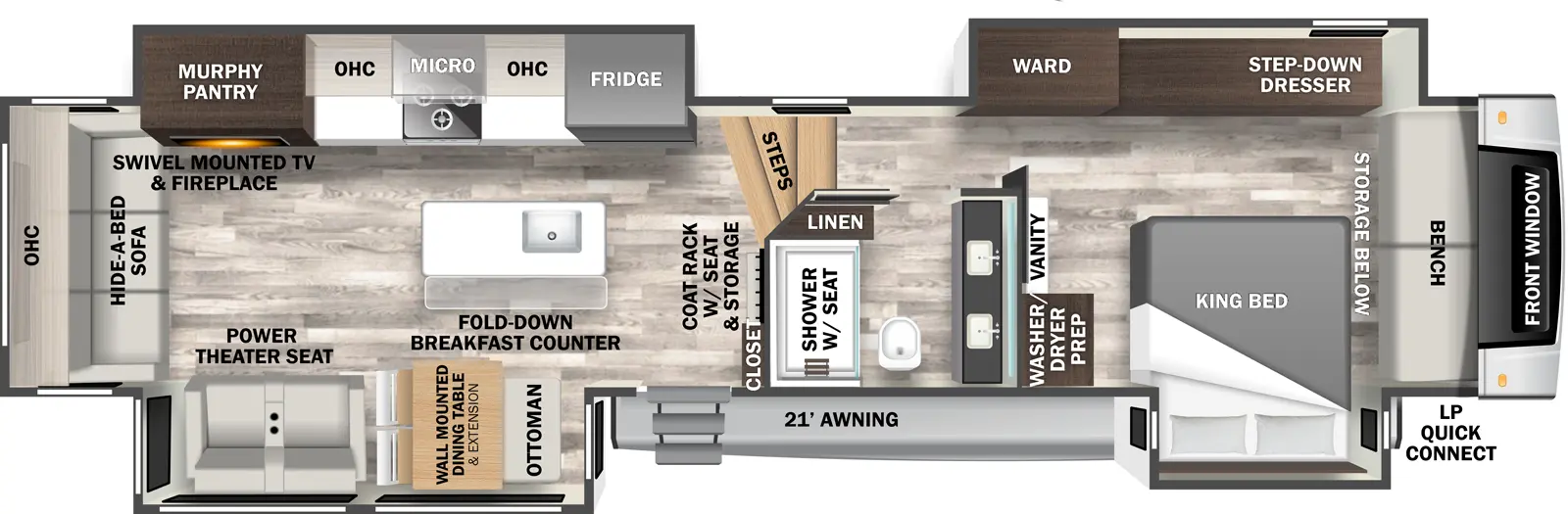 The 380RL has four slideouts and one entry. Exterior features a 21 foot awning, front window, and LP quick connect. Interior layout front to back: front bench seat with storage below, off-door side slideout with step-down dresser and wardrobe, door side king bed slideout, and closet with washer/dryer prep and vanity along inner wall; door side full bathroom with dual sinks, linen closet, and shower with seat; steps down into living area; main entry with closet and coat rack with seat storage along inner wall; off-door side slideout with refrigerator, microwave, cooktop, overhead cabinets, and murphy pantry with swivel-mounted TV and fireplace; kitchen island with sink and fold-down breakfast counter; door-side slideout with wall-mounted dining table with extension, ottoman, and power theater seating; rear hide-a-bed sofa with overhead cabinets.